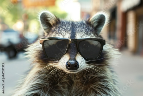 Raccoon in sunglasses on city street, closeup of photo