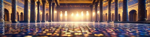 Abstract colorful illustration of ancient oriental palace interior, blurred bokeh background for social media banner, website and for your design, space for text. 