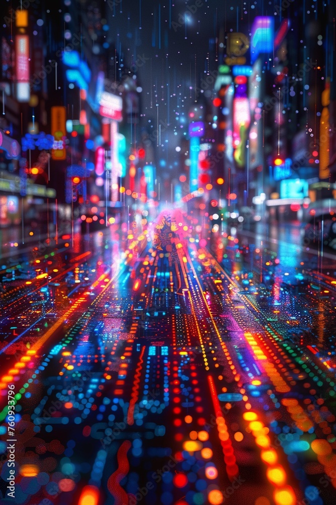 Digital Identity, neural lace interface, merging tech and biology, cityscape backdrop, rainy day, 3D render, vibrant backlight, bokeh effect, Dutch angle view 