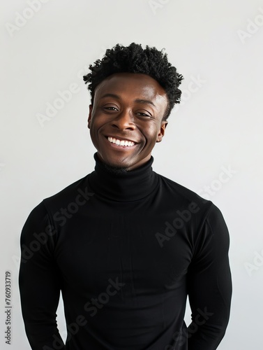 A cheerful African American man, exuding confidence and happiness with black turtleneck.