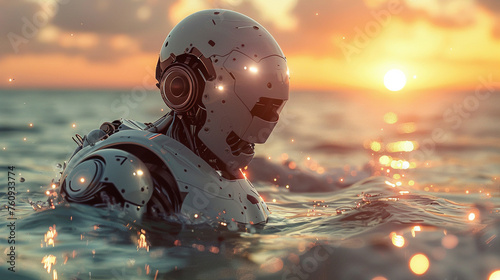 Cyborg, Metallic Armor, Hovering Over Crystal Clear Lake, Twilight, Photography, Golden Hour, Depth of Field Bokeh Effect, Over-the-shoulder shot