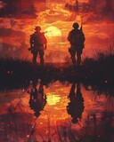Parallel Possibilities, Parallel Wars, Two worlds on the brink of a decisive battle, A soldier facing his mirror self preparing for conflict, Photography, Golden hour, HDR , Silhouette shot