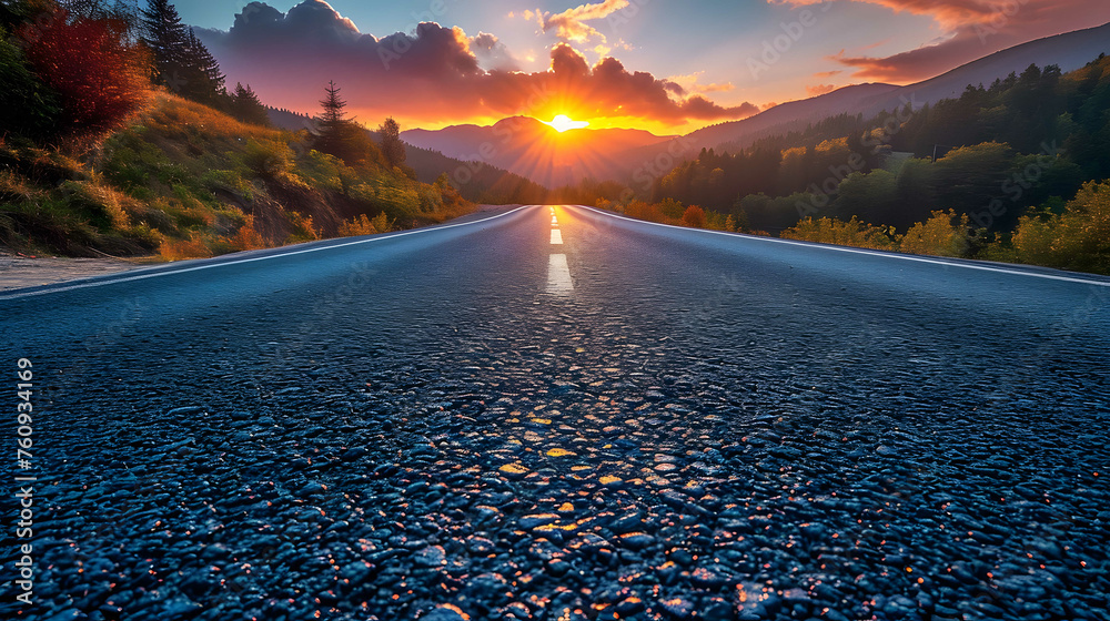 Road to the horizon. Concept of initial planning and problem solving or career path, business strategy, opportunity and change on sunset background. - obrazy, fototapety, plakaty 