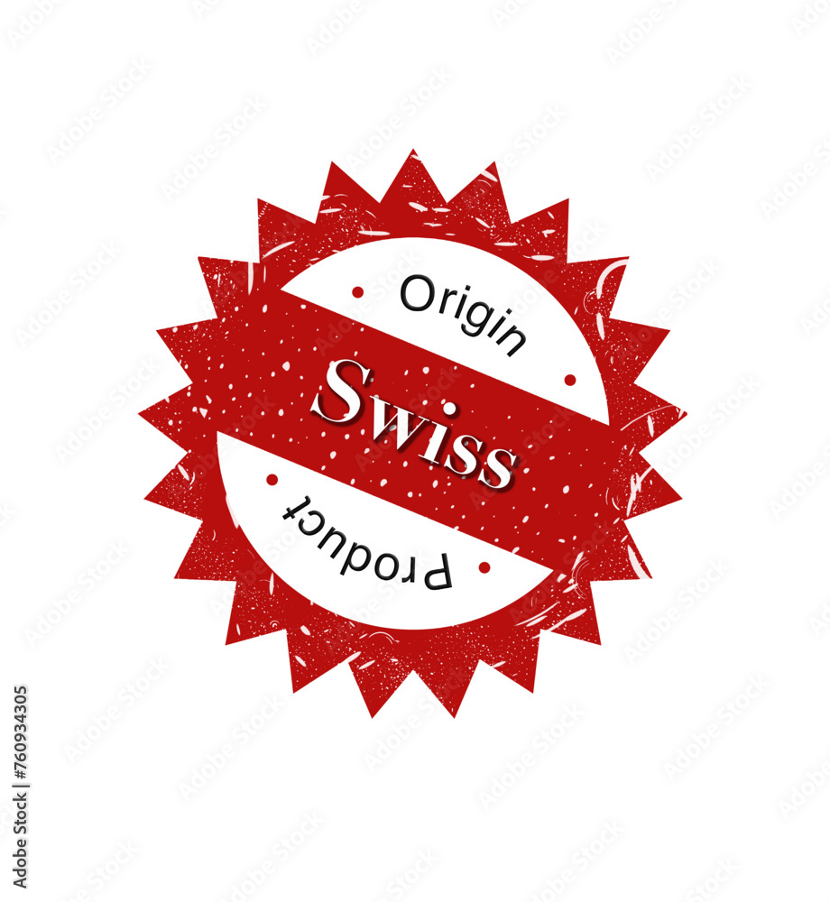 Red and white star shape Swiss label print with text Swiss Origin Product and paint splash. Illustration made March 17th, 2024, Zurich, Switzerland. Red and white star shape Swiss label print with text Swiss Origin Product and paint splash. Illustration made March 17th, 2024, Zurich, Switzerland.
