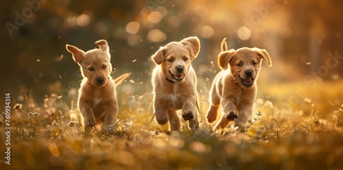 a group of puppies running through the grass at sunset dogs