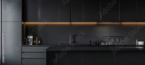 Dark kitchen interior with bar island and kitchenware on marble deck. Closeup of cooking space with countertop and sink, hood and black wooden shelves. 3D rendering
