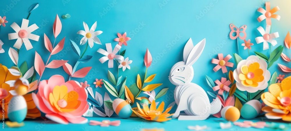 paper art background for easter with egg and flower rabbit, copy space in the middle paper art background for easter with egg and flower rabbit, copy space in the middle