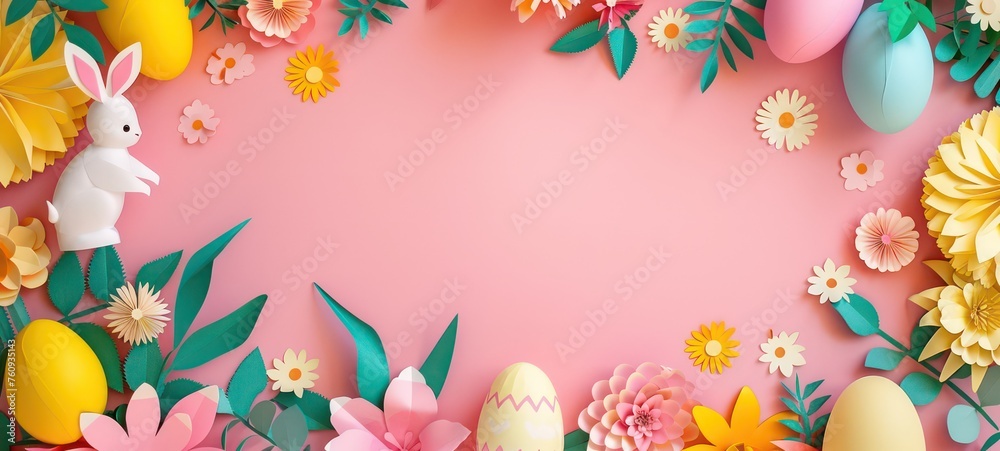 paper art background for easter with egg and flower rabbit, copy space in the middle paper art background for easter with egg and flower rabbit, copy space in the middle