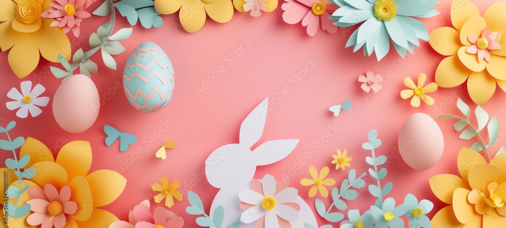 paper art background for easter with egg and flower rabbit, copy space in the middle paper art background for easter with egg and flower rabbit, copy space in the middle
