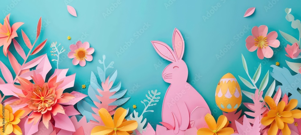 paper art background for easter with egg and flower rabbit, copy space in the middle