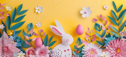 paper art background for easter with egg and flower rabbit  copy space in the middle