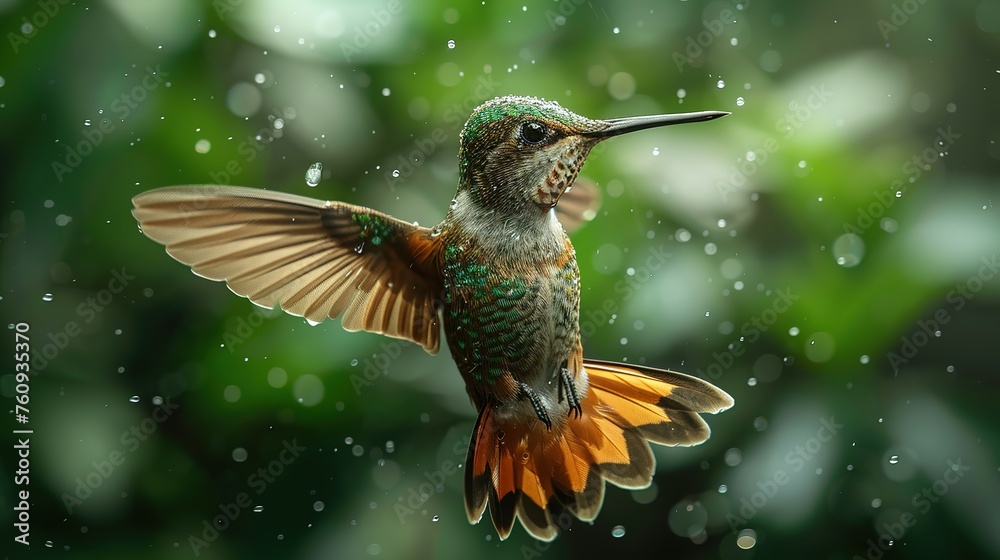 Fototapeta premium Flying hummingbird with green forest in background. Small colorful bird in flight. Digital art