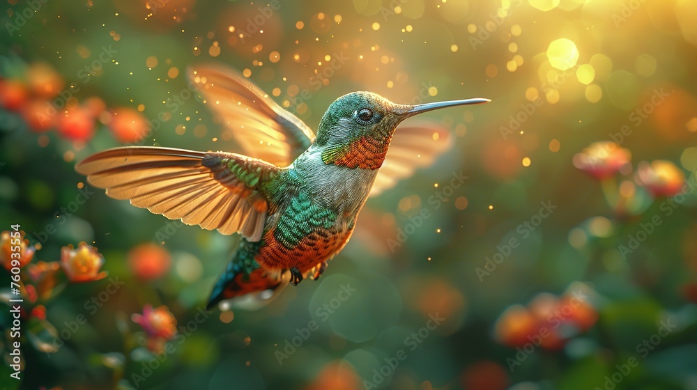 Fototapeta premium Flying hummingbird with green forest in background. Small colorful bird in flight. Digital art