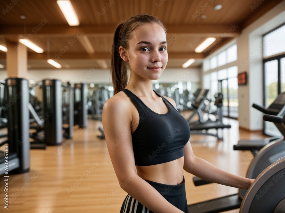 Fototapeta premium Young sporty girl takes selfies in gym