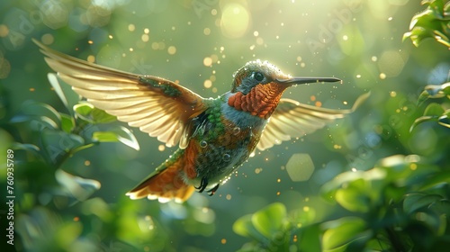 Flying hummingbird with green forest in background. Small colorful bird in flight. Digital art