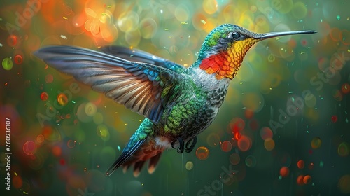 Flying hummingbird with green forest in background. Small colorful bird in flight. Digital art photo