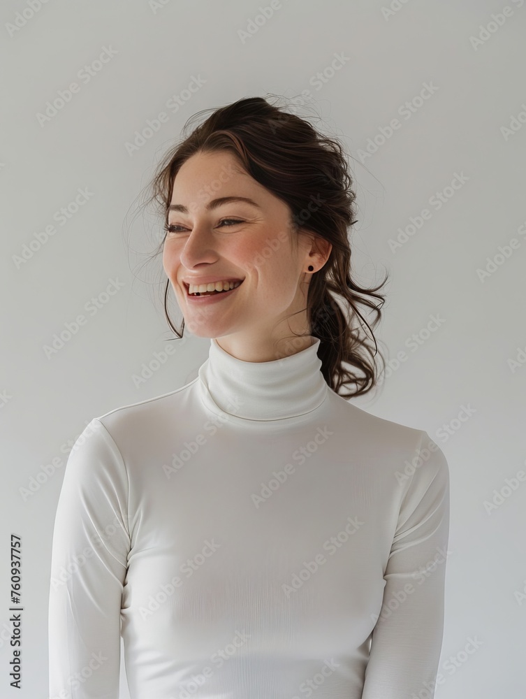 A smiling and cheerful women, exuding confidence and happiness with white turtleneck. A smiling and cheerful women, exuding confidence and happiness with white turtleneck.