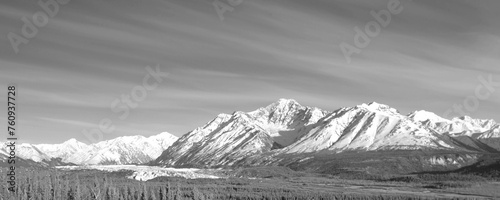 Black and white view of Matanuska glacier at the base of the Chugach Mountain Range near Palmer Alaska United States