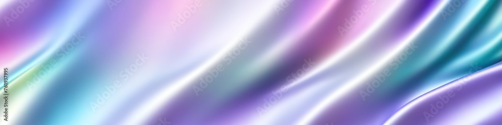 Fototapeta premium Holographic panoramic silk fabric background in light pastel colors with blurred satin wavy texture, design background, space for text 