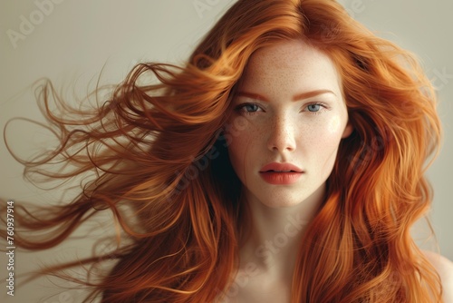 A captivating redhead with voluminous, flowing hair and freckled skin showcases natural haircare and skincare..