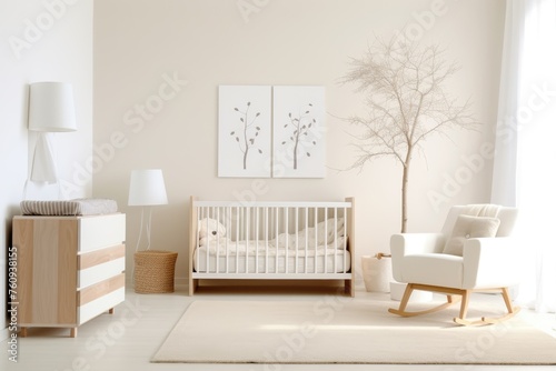 Minimalist nursery room for boy or girl. Baby room interior, in soft pastel colors, scandinavian style