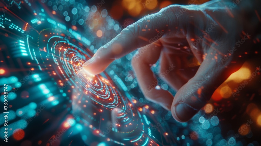 A close-up view of a human hand touching a futuristic digital interface with circular patterns and light elements, suggesting high-tech gadget interaction or virtual reality manipulation - obrazy, fototapety, plakaty 