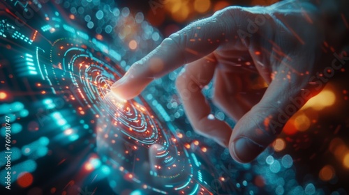 A close-up view of a human hand touching a futuristic digital interface with circular patterns and light elements, suggesting high-tech gadget interaction or virtual reality manipulation photo