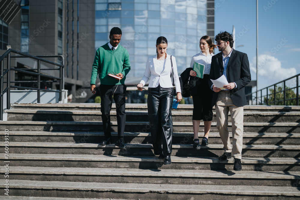 A diverse group of business professionals engaged in a conversation while walking down the stairs outside a modern office building. A diverse group of business professionals engaged in a conversation while walking down the stairs outside a modern office building.
