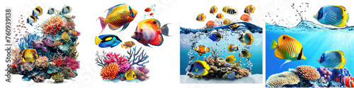 Underwater scene with tropical fish Hyperrealistic Highly Detailed Isolated On Transparent Background Png File