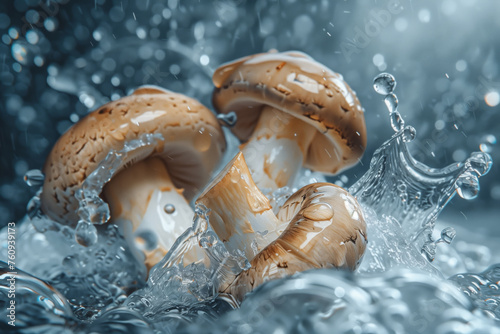 Mushrooms fall into water, water splash drain sleeping mushrooms over a coloured background of freshly washed mushrooms