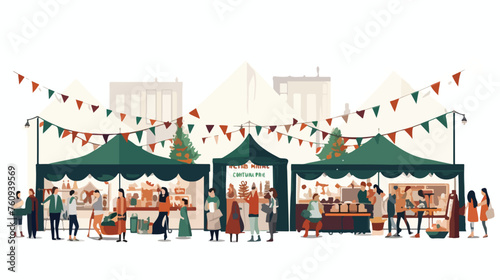 Festive holiday market with stalls selling gifts an