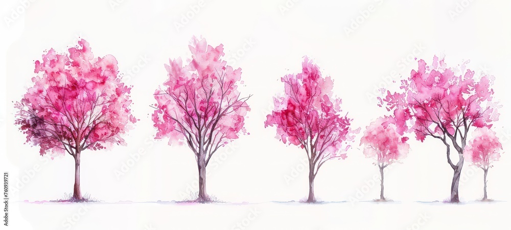 Obraz premium Set of watercolor pink trees on white background