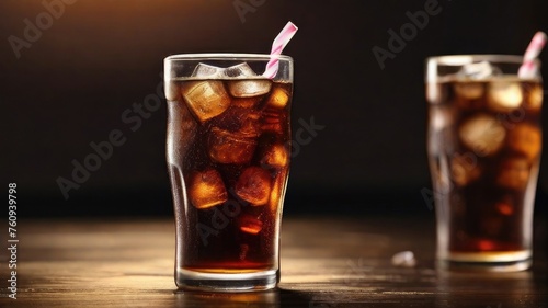 Refreshing Delight Two Cups of Cold Cola Soft Drink with Ice, Perfect Blend of Carbonation and Chill, Satisfying Sip with Condensation Coolness
