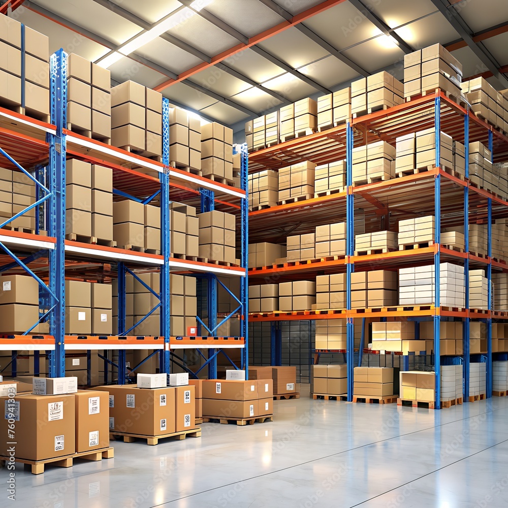 well-organized warehouse with neatly stacked boxes and labeled shelves ...