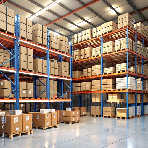  well-organized warehouse with neatly stacked boxes and labeled shelves, conveying efficiency and orderliness.