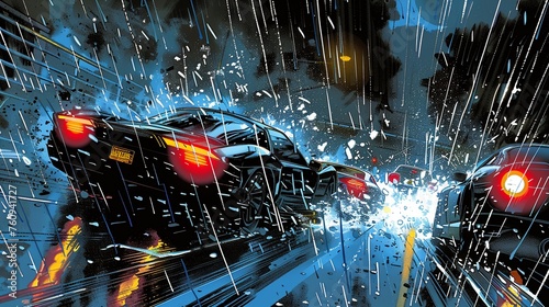 An action-packed comic panel featuring a high-speed chase on a slick rain-drenched road photo