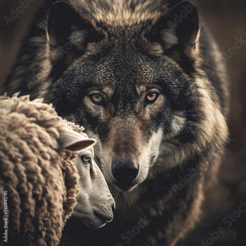 The wolf leader talks with the sheep employee, business concept illustration, the leader and the employee facing fears, hunted. 