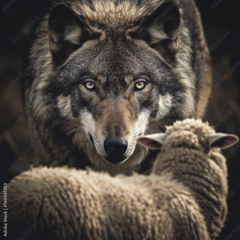 The wolf leader talks with the sheep employee, business concept illustration, the leader and the employee facing fears, hunted. 