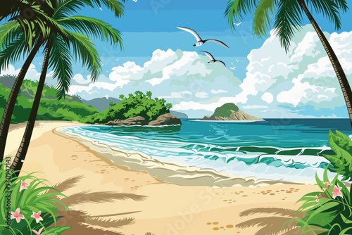 Exotic Beach Paradise  Tropical Sunset Escape Vector Illustration