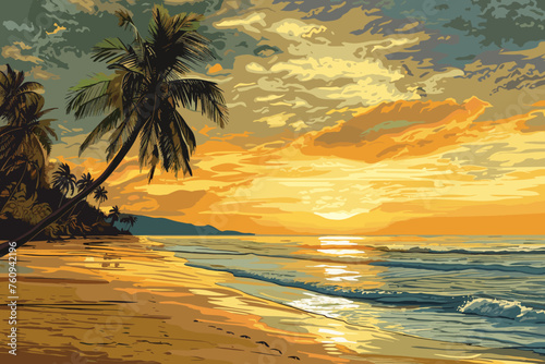 Exotic Beach Paradise: Tropical Sunset Escape Vector Illustration