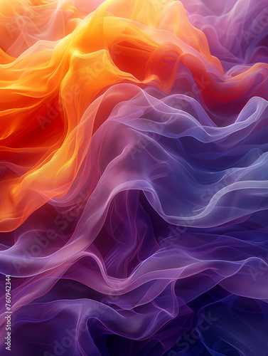 Background of orange and purple waves of evolving fabric, coloured smoke