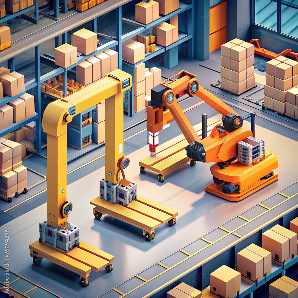 Fototapeta premium warehouse scene showcasing advanced automation technology, with robotic arms moving inventory seamlessly