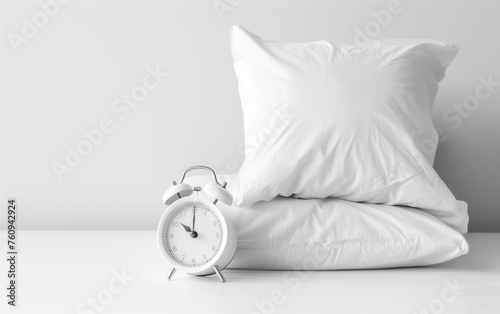 White alarm clock next to white pillows on a white background, good sleep early wake-up call