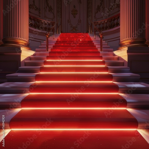 Red Glowing Carpet and Ceremonial VIP Staircase  Close-Up Detail of VIP Luxury Entrance with Red Carpet  Exuding Elegance and Sophistication 