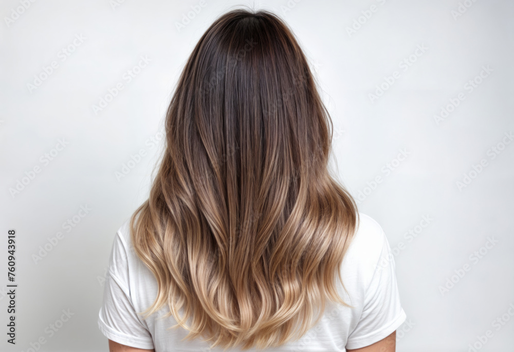 Luscious Ombre Hair Transition on a White T-Shirt Woman Luscious Ombre Hair Transition on a White T-Shirt Woman