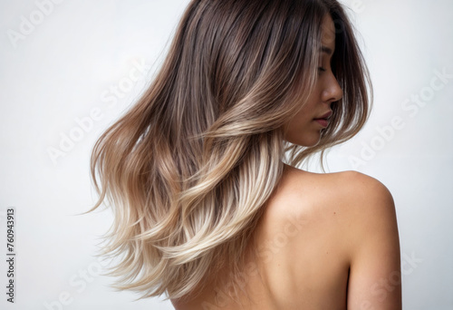 Luxe Balayage Hair Flow on Bare-Shouldered Woman