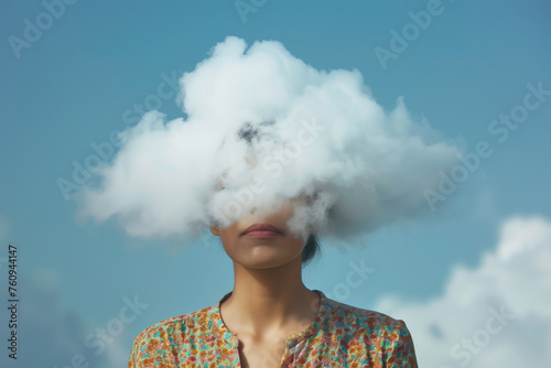 Head in a fog cloud over head, concept of not clear mind, pain in head