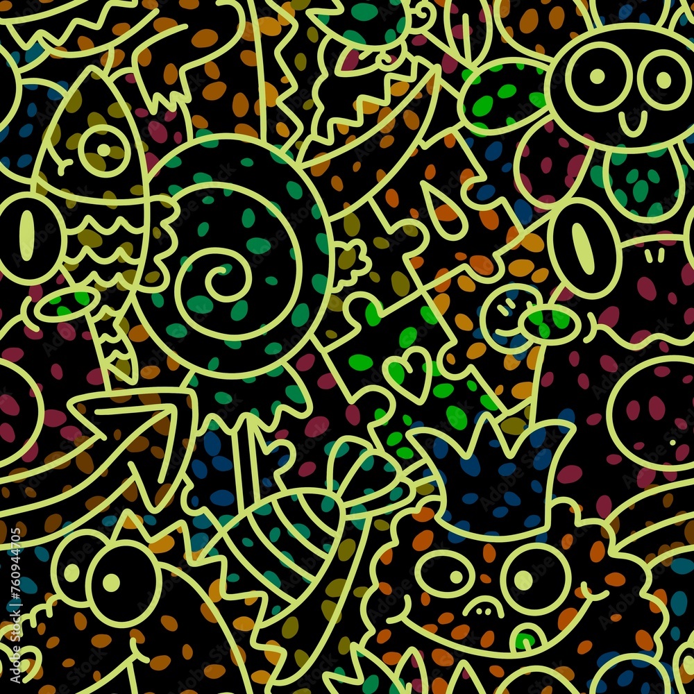 Cartoon animals doodle animals monsters seamless frogs and flower and dinosaur and fish pattern for wrapping paper