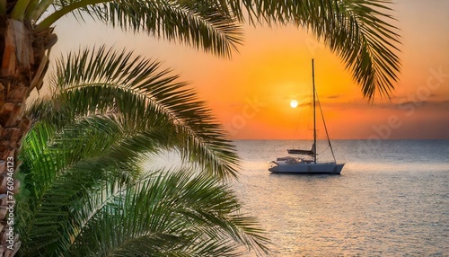 palm trees and yacht at sea sunset