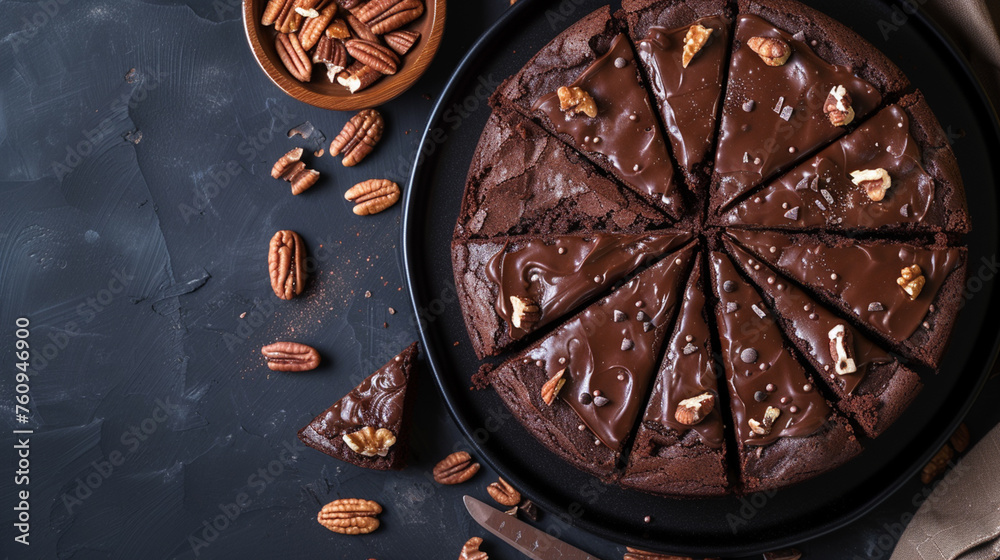 Chocolate brownie cake, dessert with nuts on dark background. Generative Ai